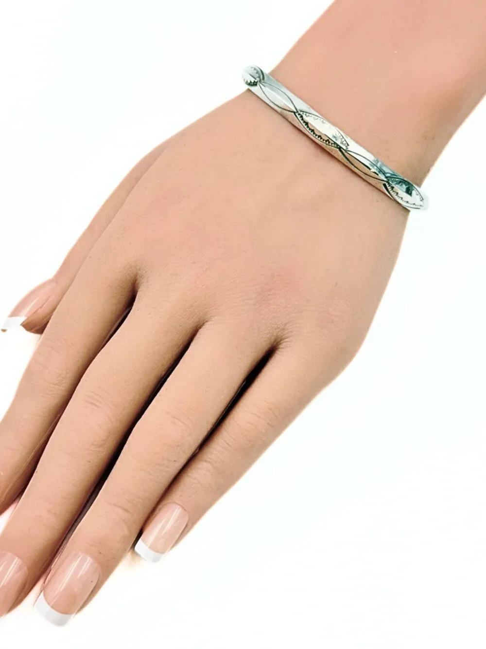 Geometric Hand Stamped Sterling Silver Carinated Stackable Cuff Bracelet